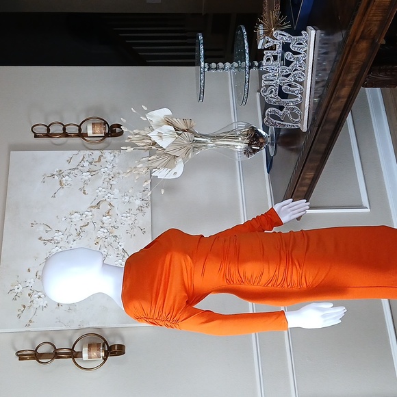 Women's Orange Off-Shoulder Furry Hem Maxi Dress. Size S - Picture 15 of 17